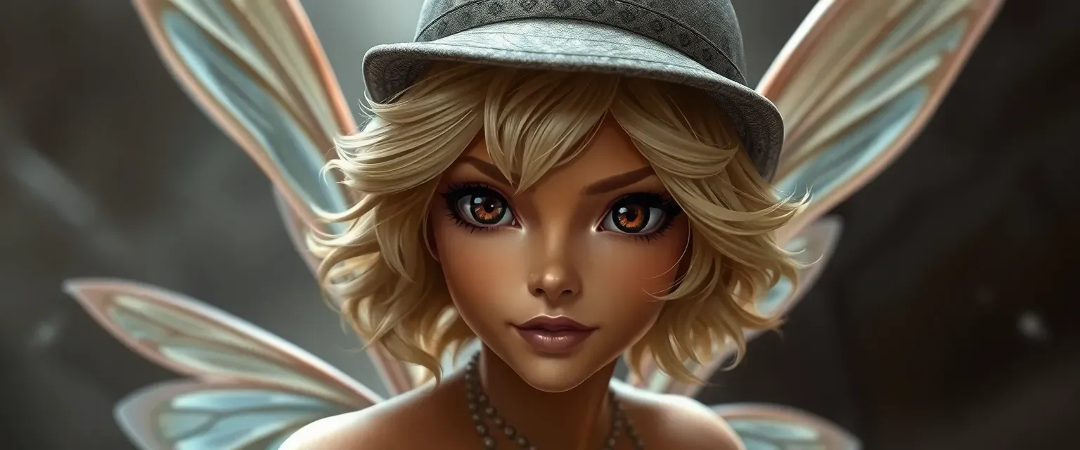 Bronze-skinned fairy with brown almond eyes, short wavy blonde and light brown hair, wearing a Gatsby hat.