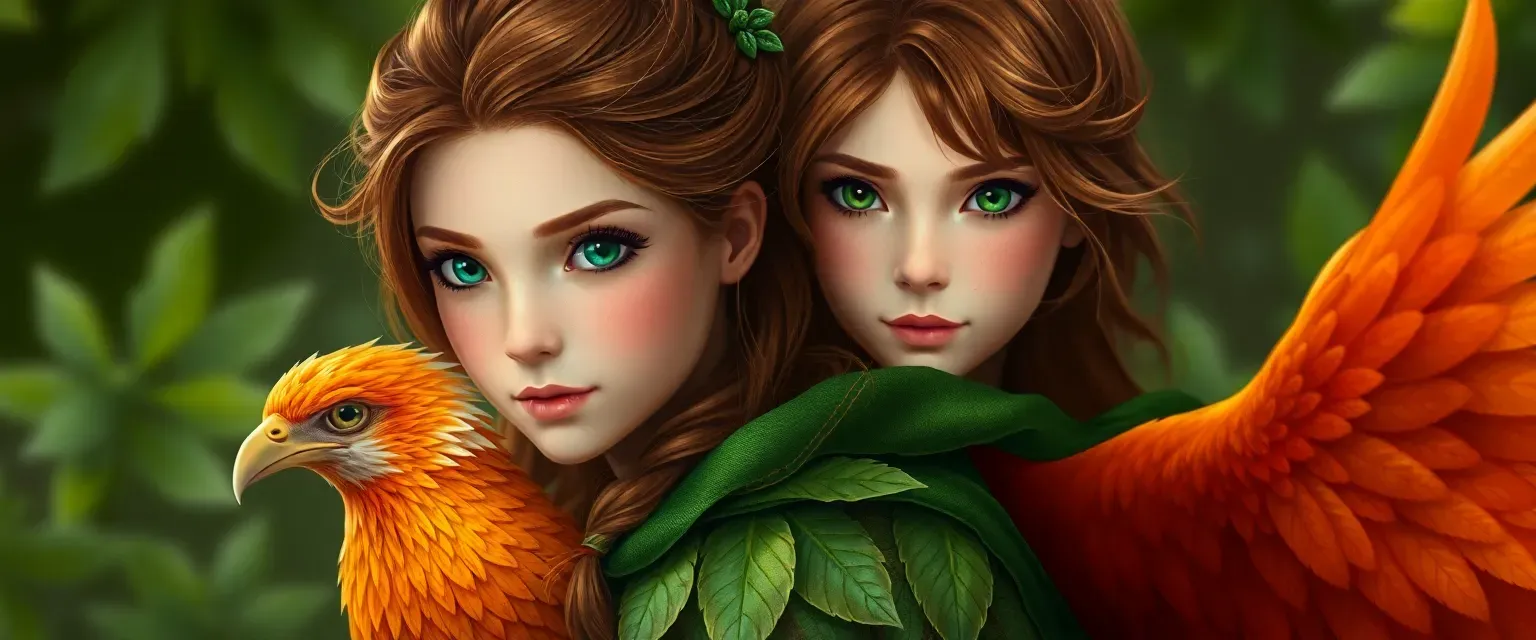 Young girl with chestnut hair and emerald eyes, wearing a green tunic and a leaf-woven cloak, accompanied by a phoenix.