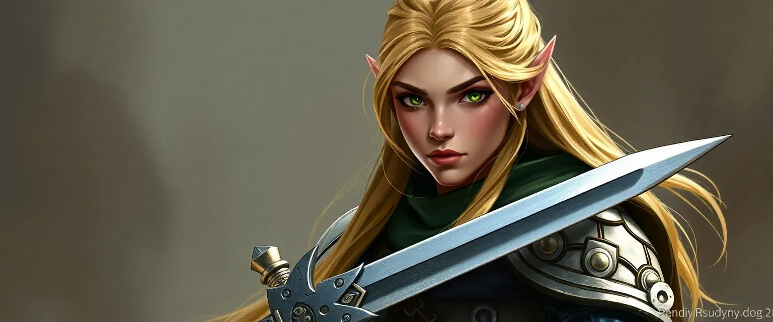 Slender elven paladin, 5'5", 90 lbs, golden hair, emerald eyes, in chain mail with sword.