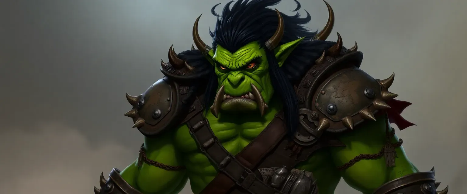 Towering Ork Barbarian with green skin, black hair, yellow eyes, and a mix of leather and metal armor.