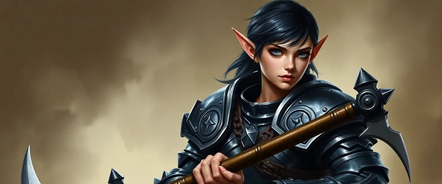 Elf with grey eyes, short dark hair, athletic build, in blackened plate armor with a greataxe.