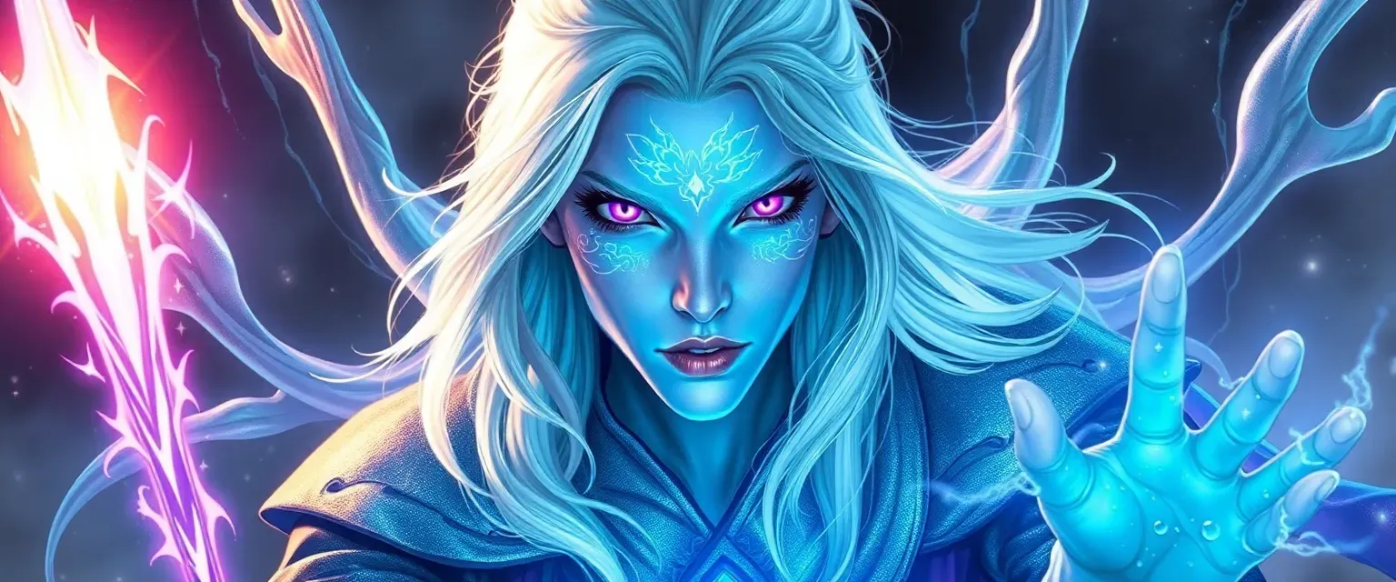 Celestial warlock with luminescent skin, violet eyes, and silver hair, wearing shimmering robes.