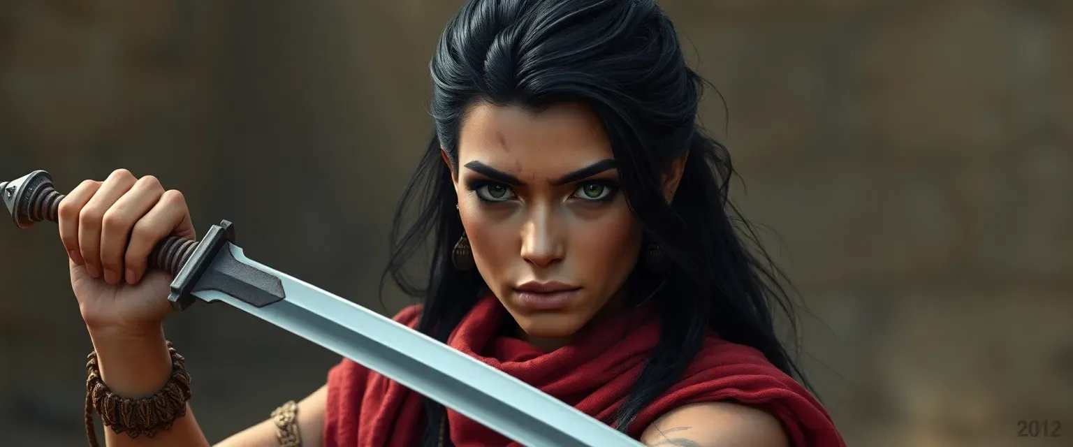 A 32-year-old North African woman with bronze skin, green eyes, and black hair, wielding a scimitar, with a scar on her left cheek.