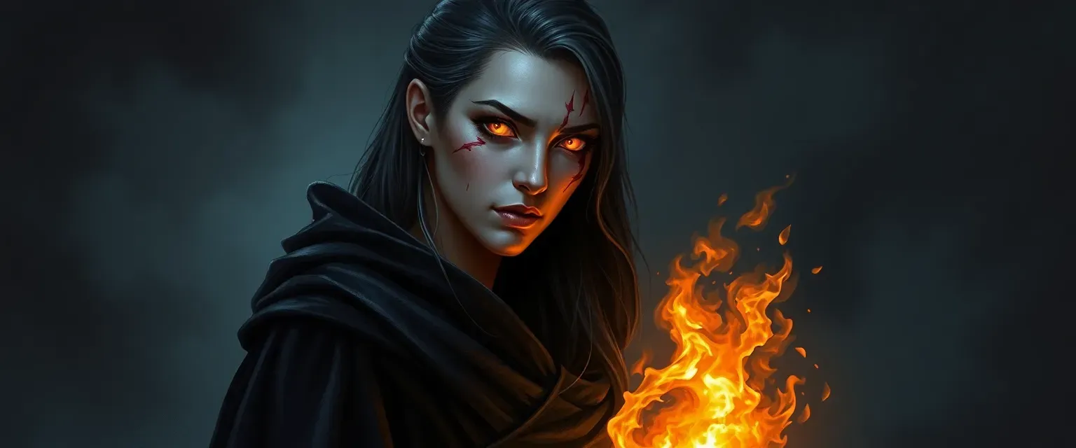 Tall woman in dark robe, ashen hair, scarred face with glowing eyes, emanating an aura of darkness and fire.