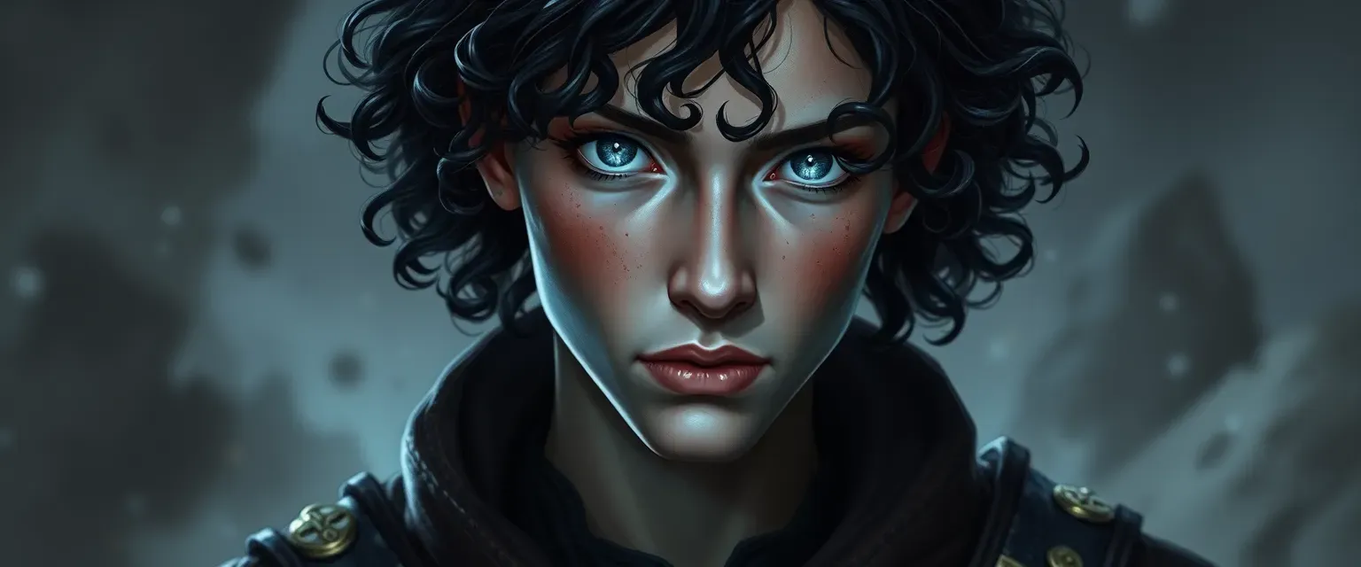 22-year-old fallen aasimar with luminescent skin, gray eyes, dark curly hair, wearing worn leather and stolen finery.