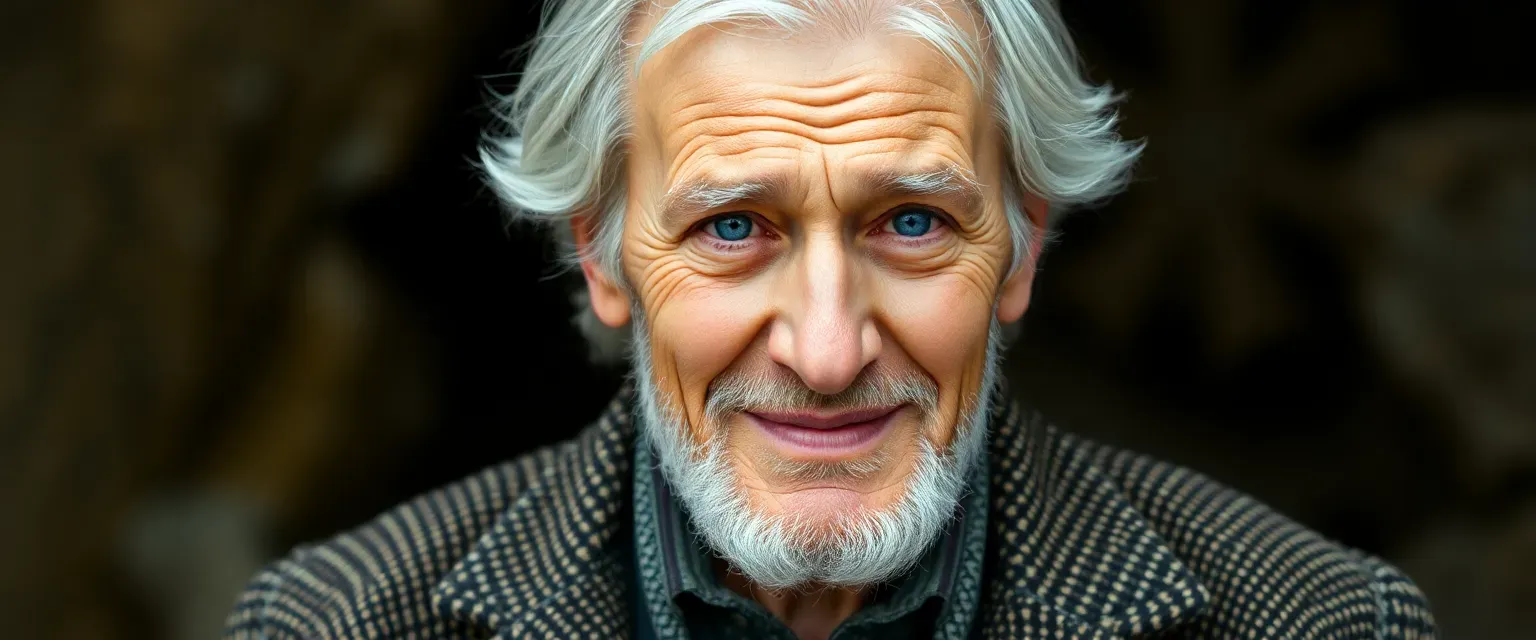 Elderly man with silver hair, blue eyes, wearing a tweed jacket, exudes wisdom and childlike joy.