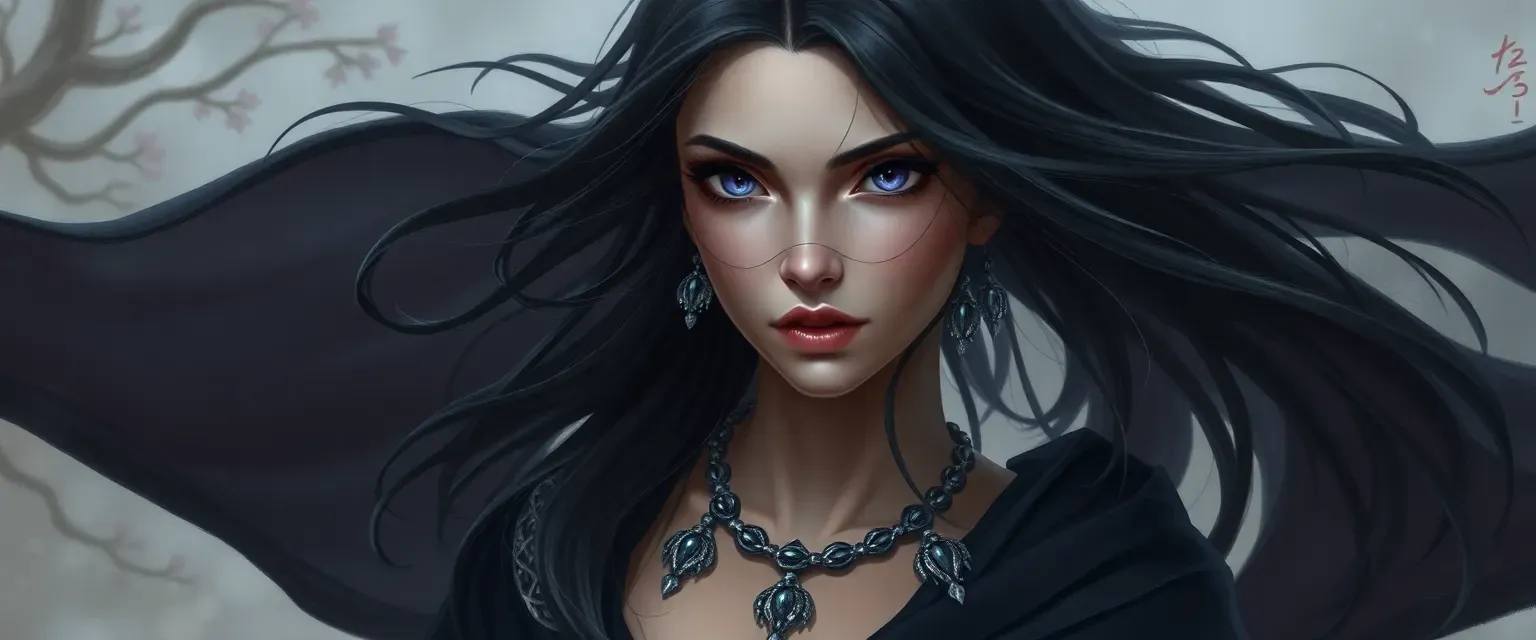 Young woman with pale skin, black hair, and violet eyes, wearing flowing dark garments and silver jewelry.
