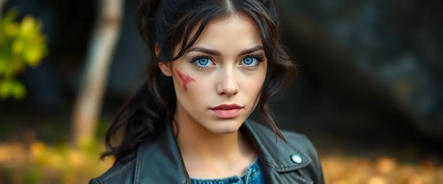 Mid-20s woman with a scar on her face, dark wavy hair in a ponytail, wearing a leather jacket and jeans, violet eyes.