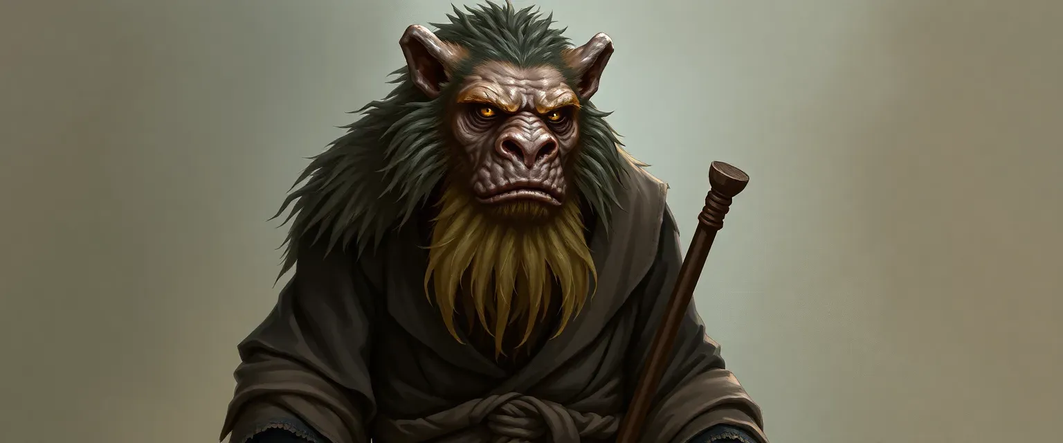Tall bugbear with matted fur, yellow eyes, wearing frayed monk robes and carrying a staff.