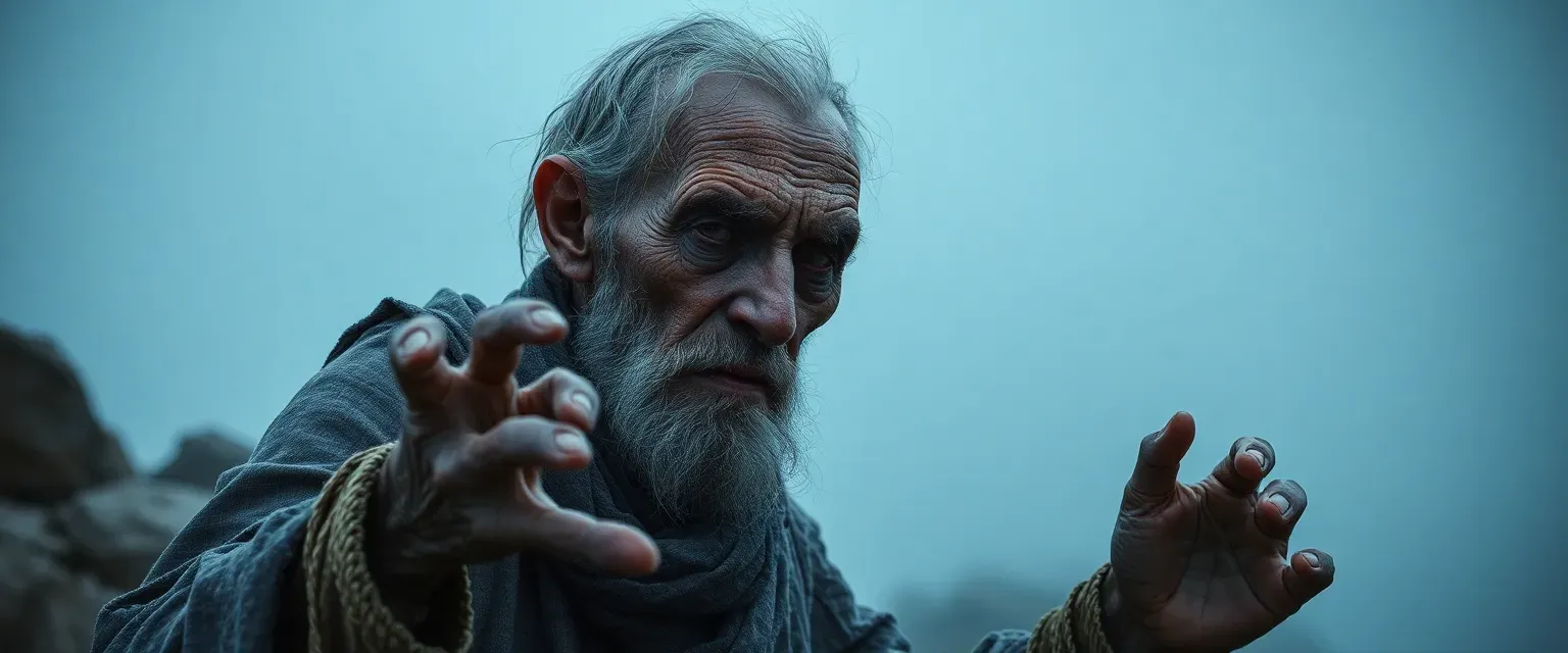 Old, blind beggar in tattered rags, weathered skin, gnarled hands, moving with uncanny sharpness.