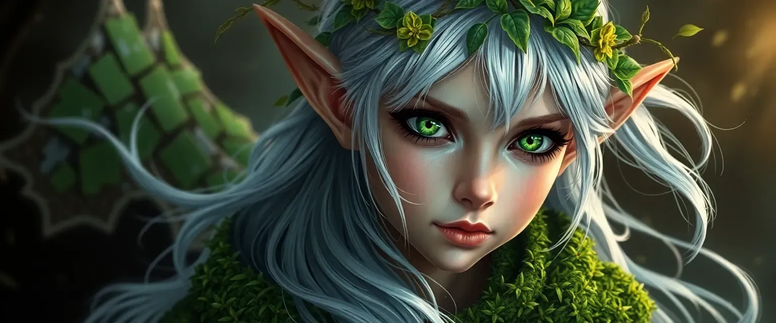 Elf with silver hair adorned with nature, moss robe, emerald eyes, youthful yet ancient appearance.