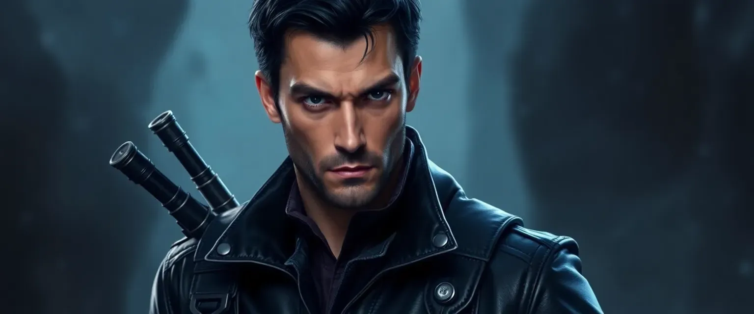 32-year-old man with jet-black hair, sharp eyes, and a black leather coat, carrying hidden tools and weapons.