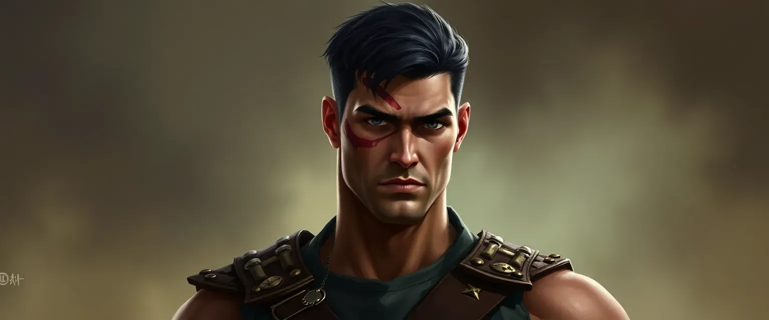 Tall, muscular man with a scar from temple to jaw, dark hair, wearing tattered military uniform.