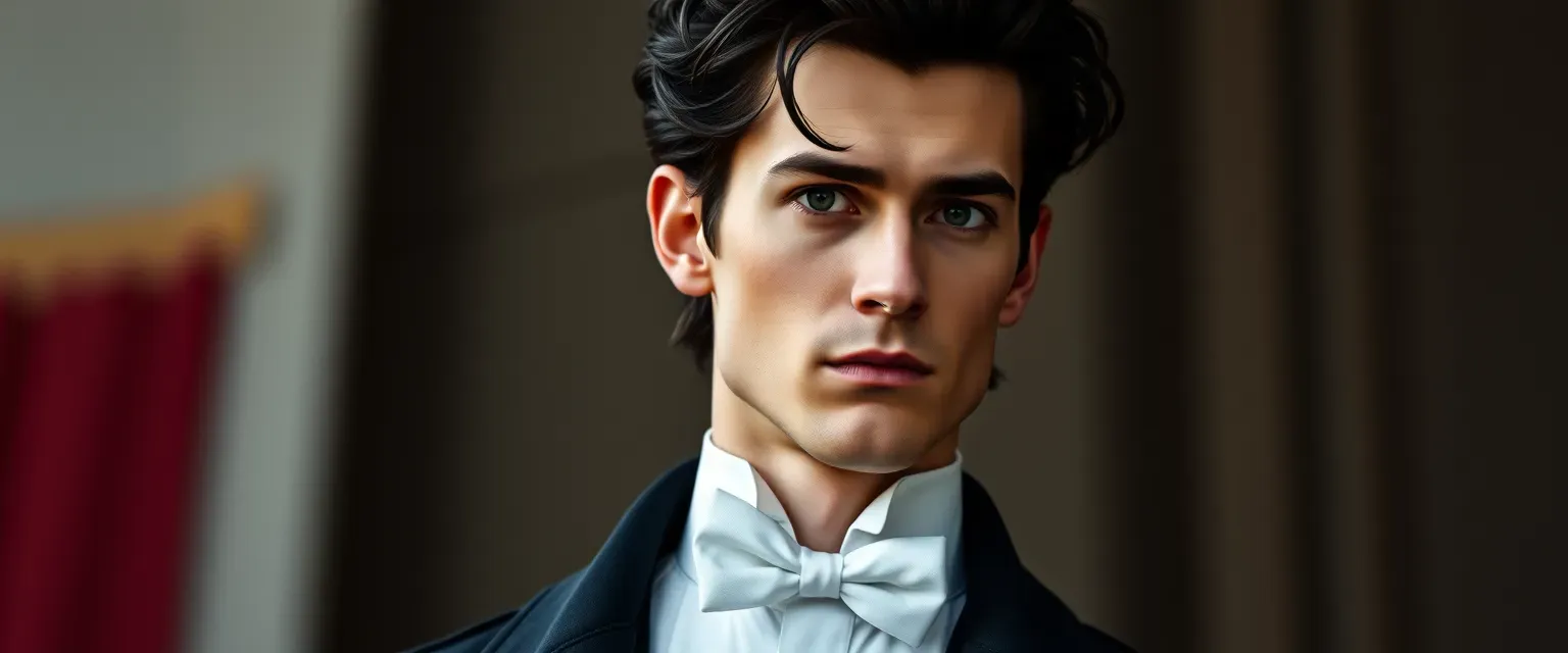 A tall, lean man with a sharp jawline, piercing eyes, and a tousled mop of dark curls. He is dressed in a crisp white shirt, a bow tie, and a long, dark coat.