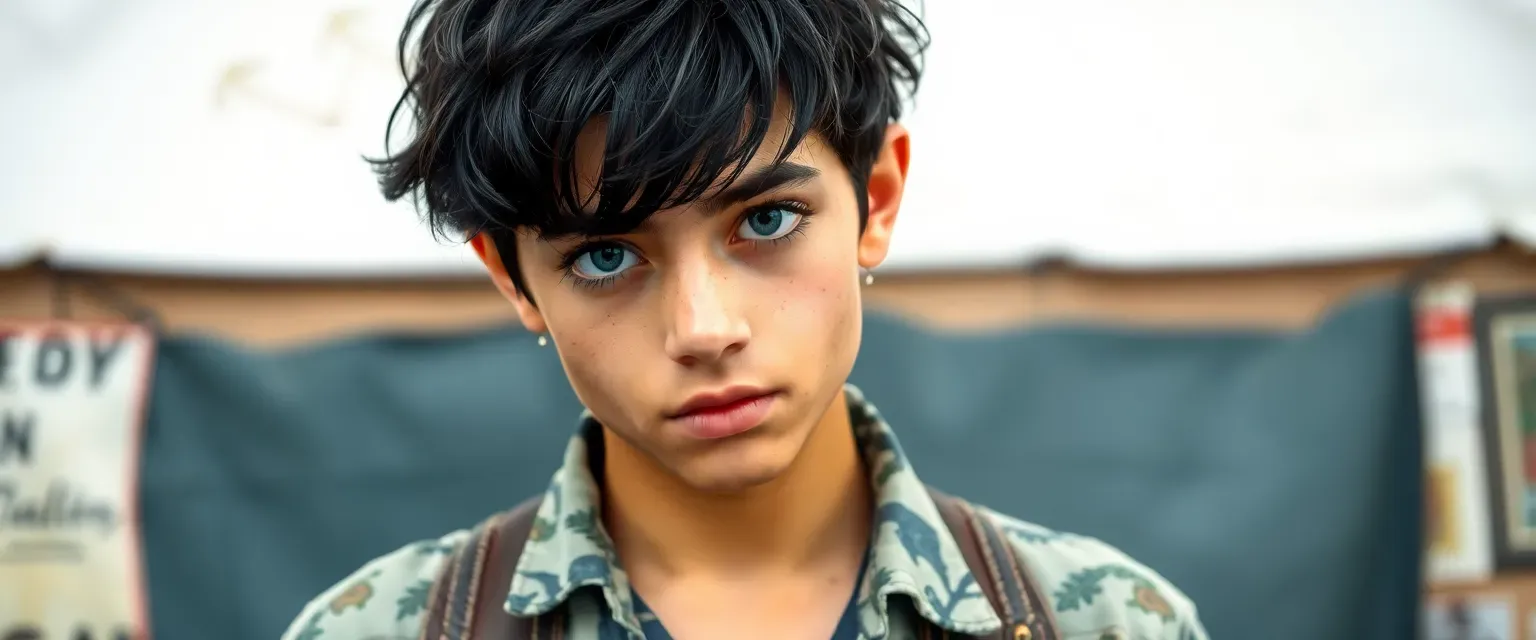 Teenage boy with jet-black hair and piercing blue eyes, wearing eclectic thrift store clothes.