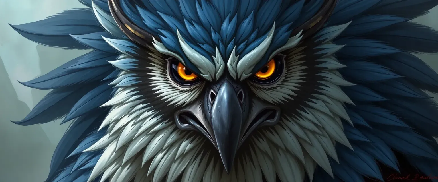 A 120-year-old Owlin barbarian with deep blue and silver plumage, piercing eyes, and an intimidating yet charismatic presence.