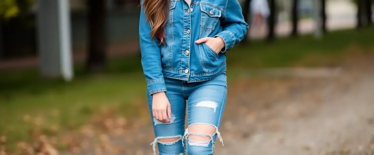 22-year-old woman with brown hair and red stripe, wearing a denim jacket, ripped jeans, and boots.