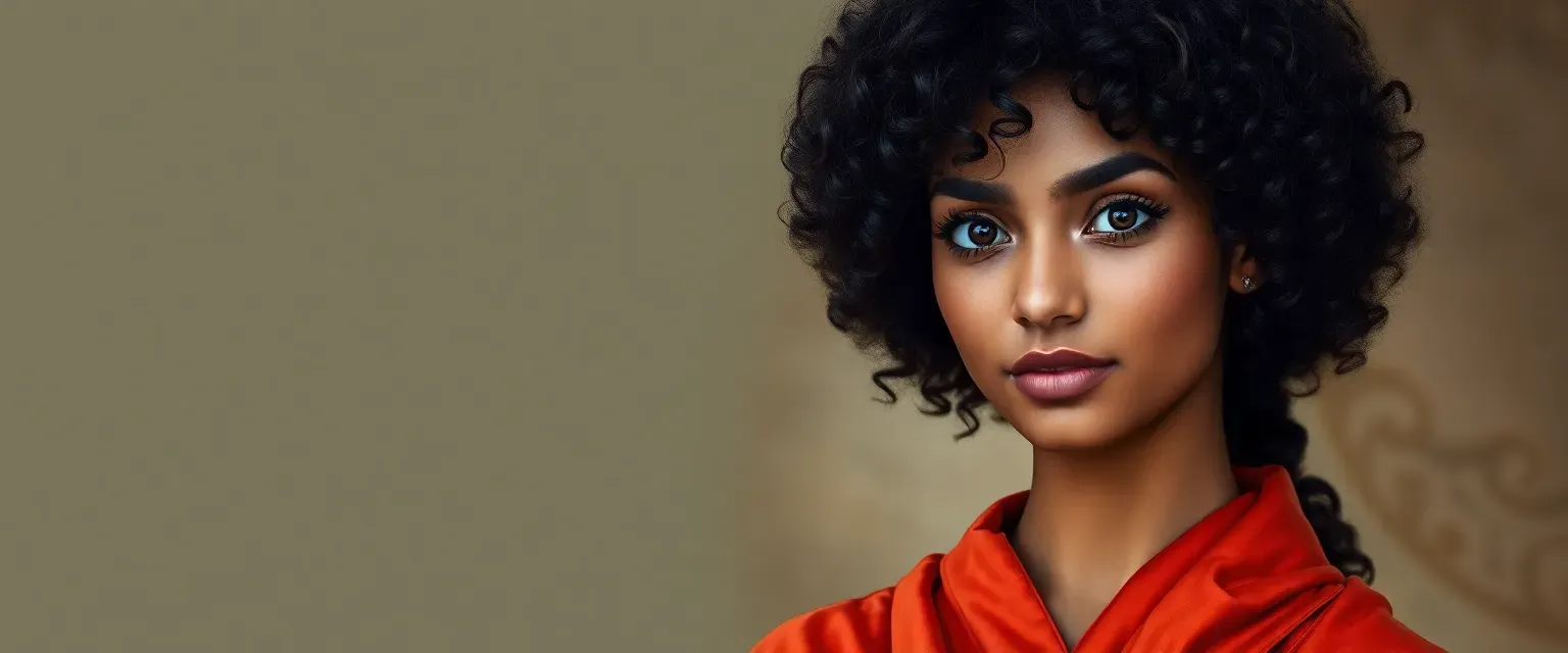 24-year-old woman with curly black hair, mixed heritage, small birthmark on forehead, wearing flame-colored robes.
