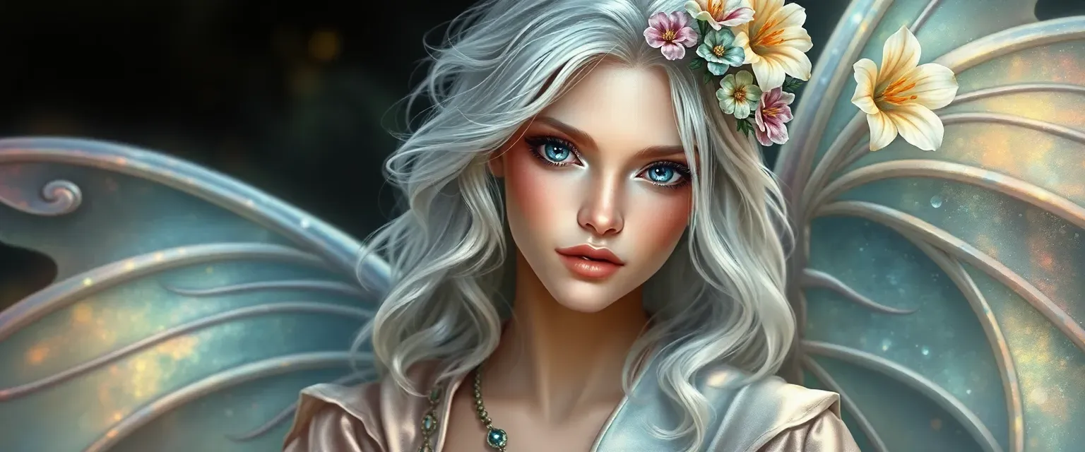 Ethereal fairy noble with shimmering skin, deep blue eyes, and silver hair adorned with flowers, wearing iridescent silk robes.