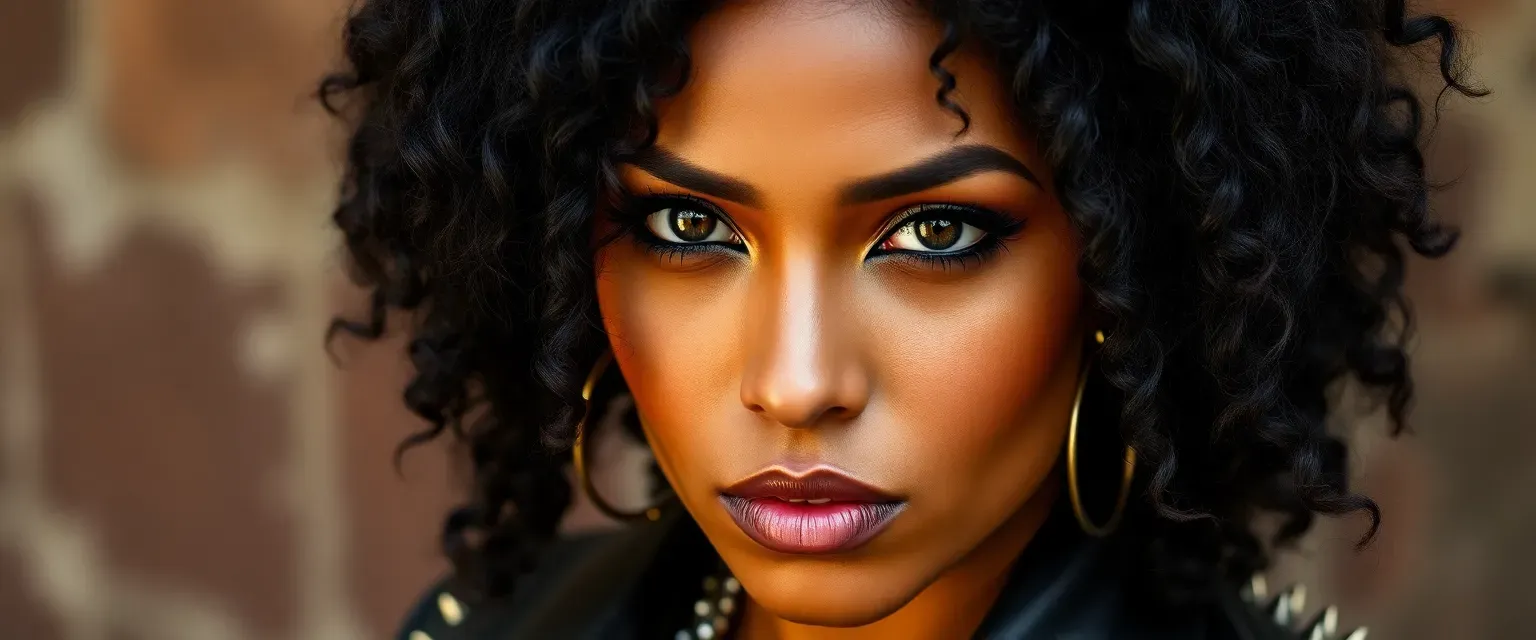 32-year-old Cuban woman with caramel skin, black curls, and sharp eyes. Wears punk and ghetto style with leather and spikes, hints of glam.