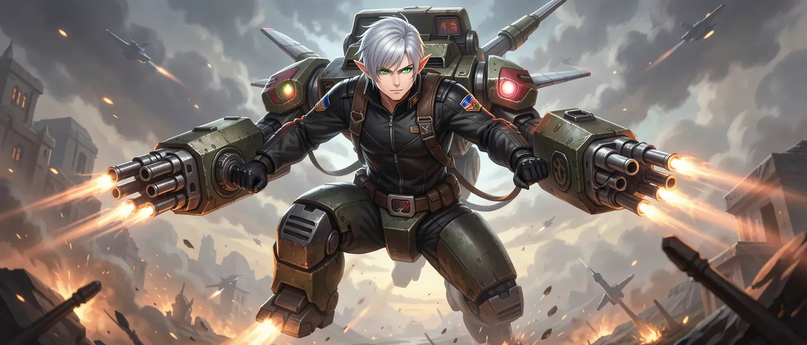 20-year-old silver-haired elf male in black pilot suit, sharp emerald eyes, piloting rhino-humanoid mech with gatling arms and jetpack.