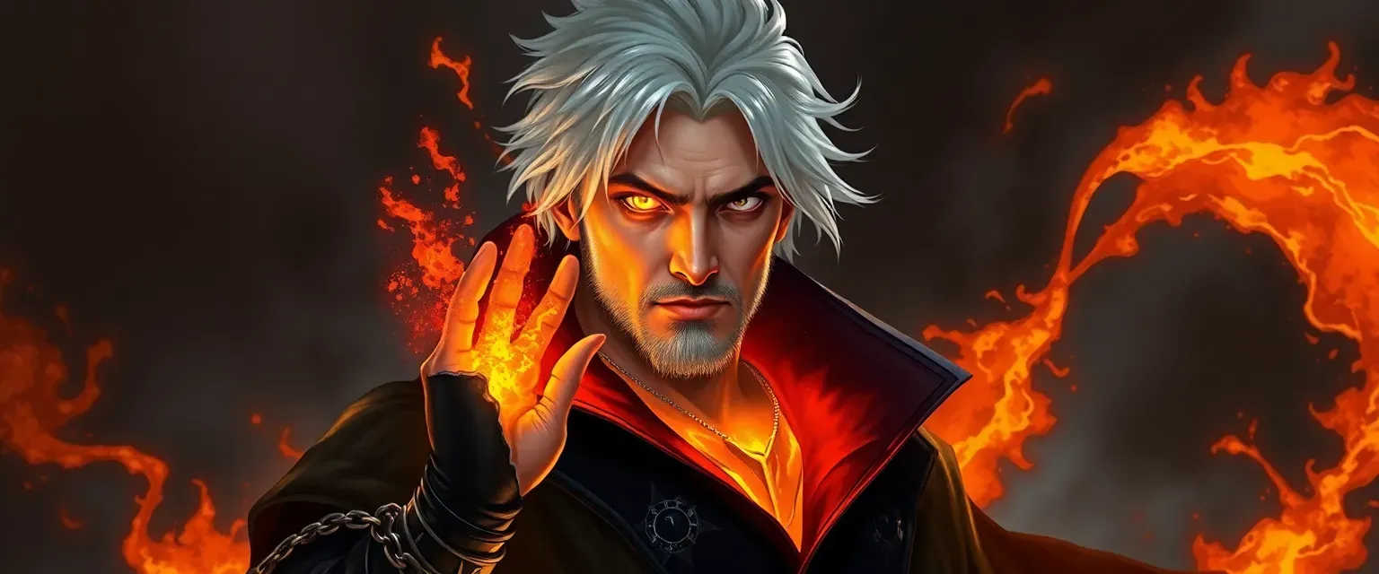 Silver-haired man with one gold eye, other cracked with lava, wearing a black coat with crimson lining, chains on wrists, half-melted boots, surrounded by black and orange aura.