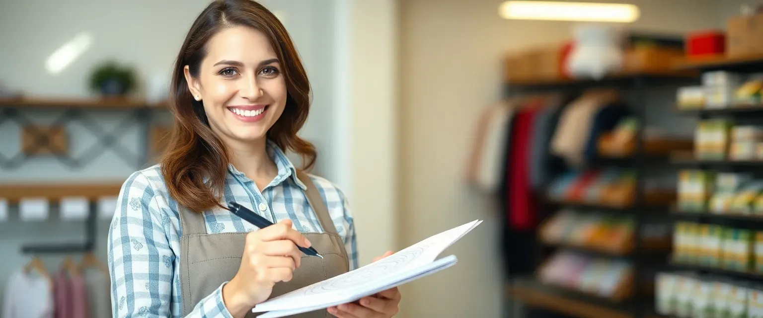 33-year-old woman with warm smile, casual retail worker attire, holding a pen and paper, doodling intricate patterns.