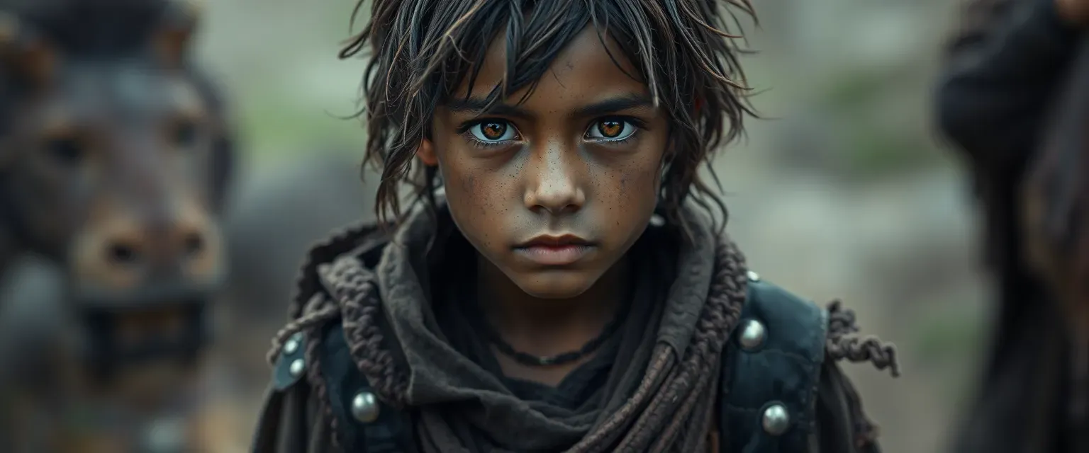 Young Trennixan boy, weathered skin, amber eyes, dark tangled hair, patchwork clothing.
