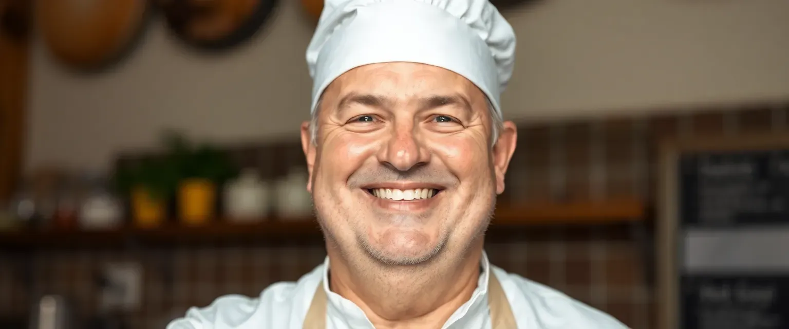 A stout, middle-aged man with rosy cheeks and a white baker's uniform, smiling warmly.