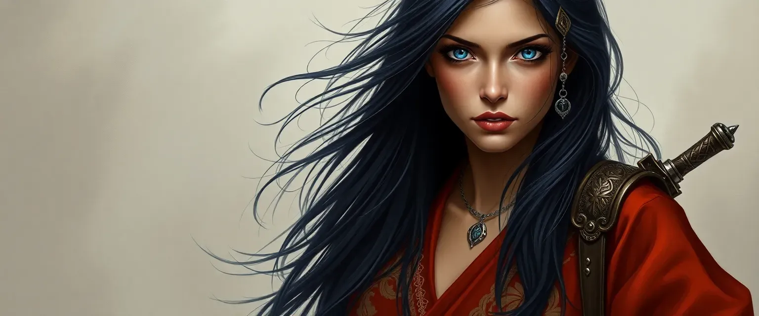 A woman in her thirties with long dark hair and piercing ice-blue eyes, dressed in harem silks, carrying hidden weapons.