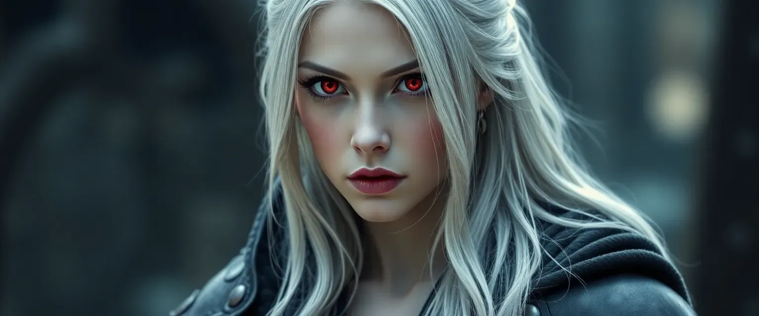 Silver-haired vampire woman, 26, with crimson eyes and pale skin, wearing a dark cloak over armor.