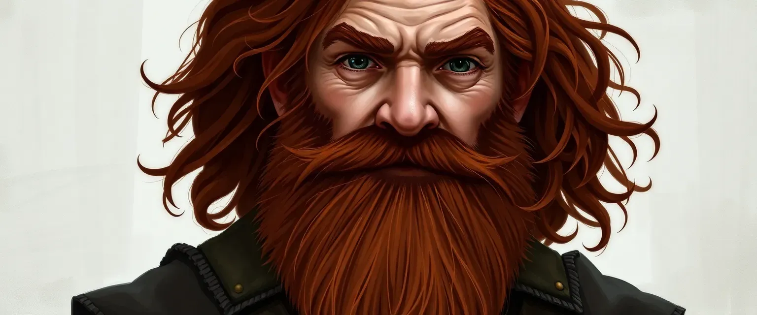 55-year-old dwarven cleric, dark copper hair and beard, wearing cleric robes and blacksmith's apron.