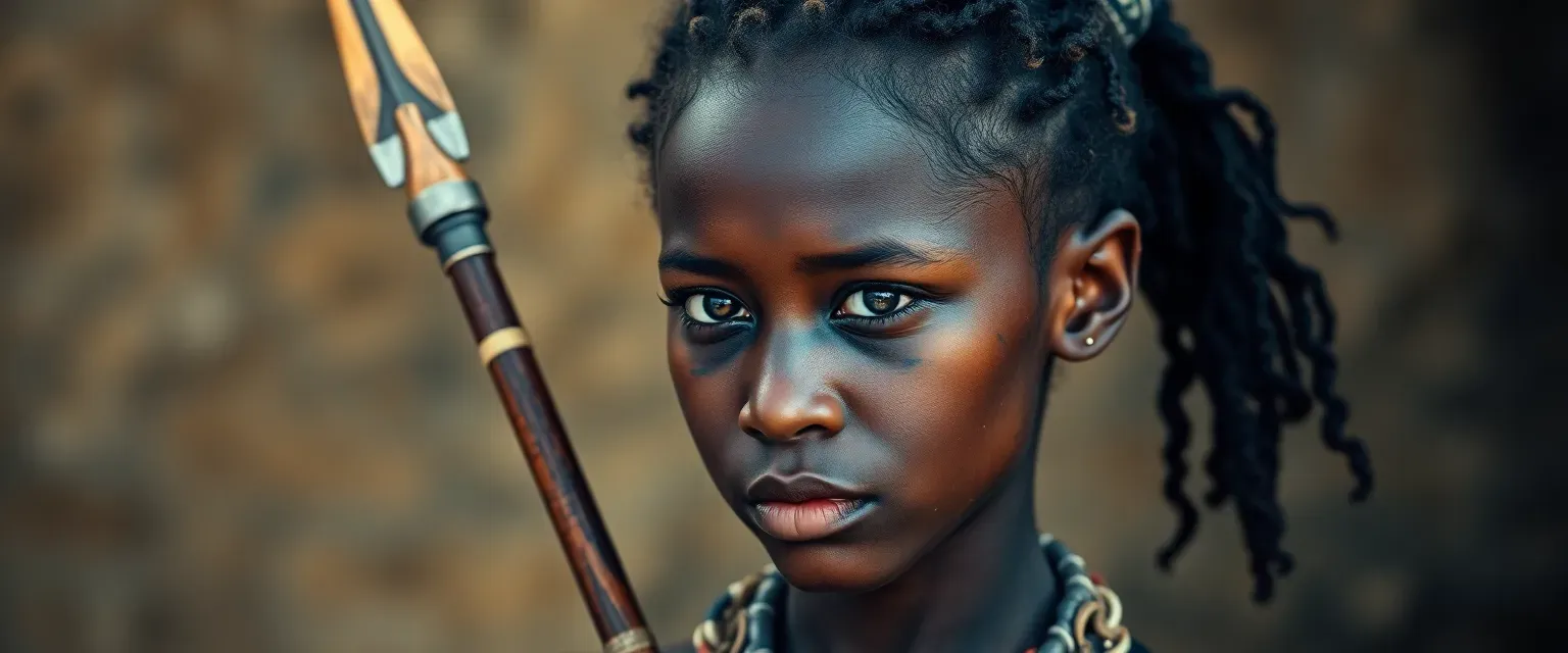 Young African woman with deep brown skin, tribal markings, sharp eyes, and curly hair tied back, wearing traditional and practical attire with a spear.