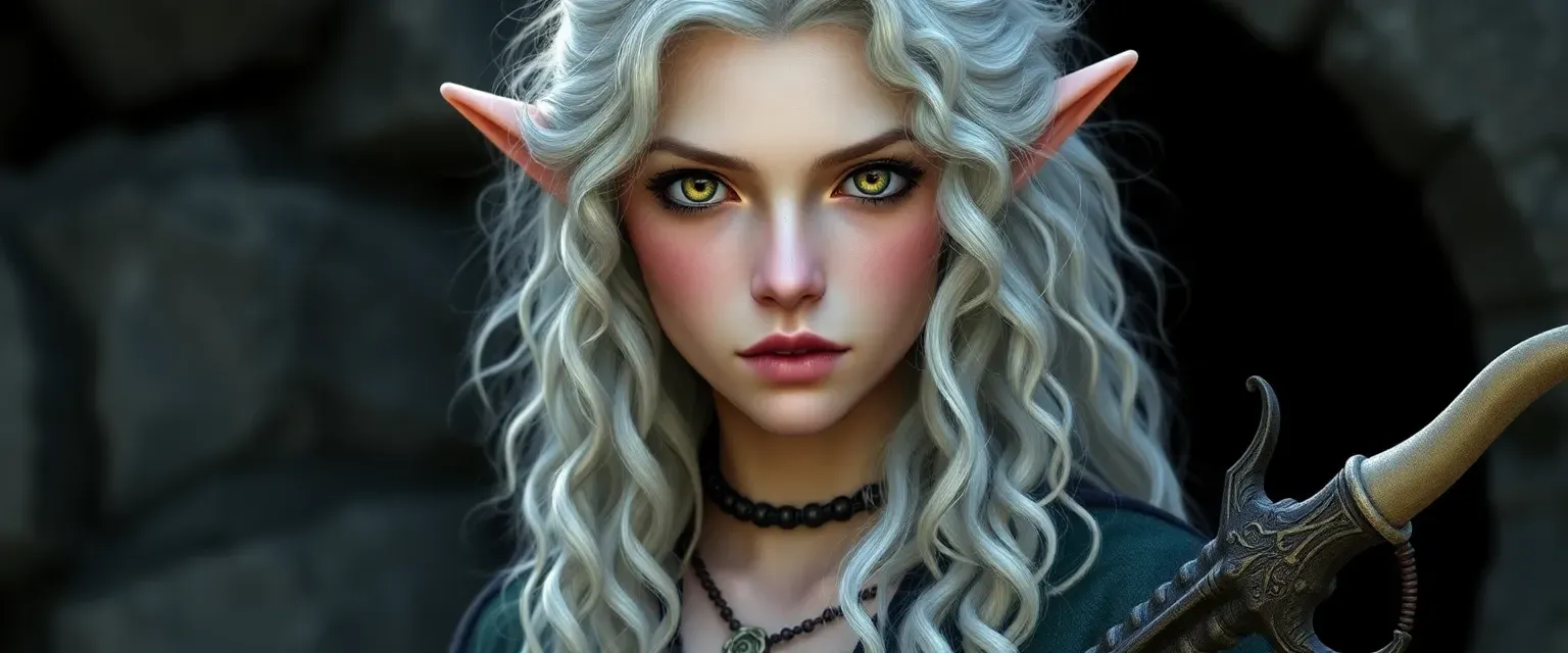 Pale tiefling woman, 5'6", 24 years old, long curly silver hair, yellow eyes.