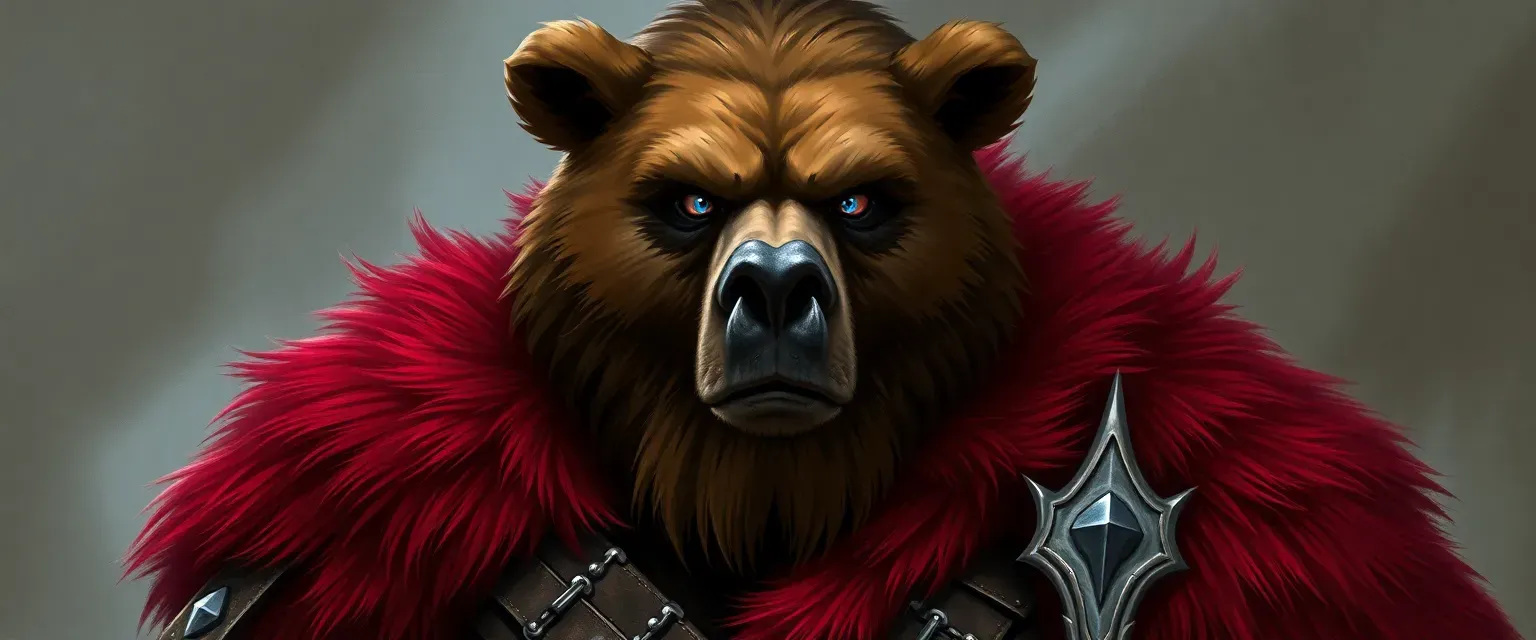 A towering bear warlord, aged 45, with deep brown fur, blue eyes, and battle scars, wearing heavy leather armor and a crimson fur cloak.
