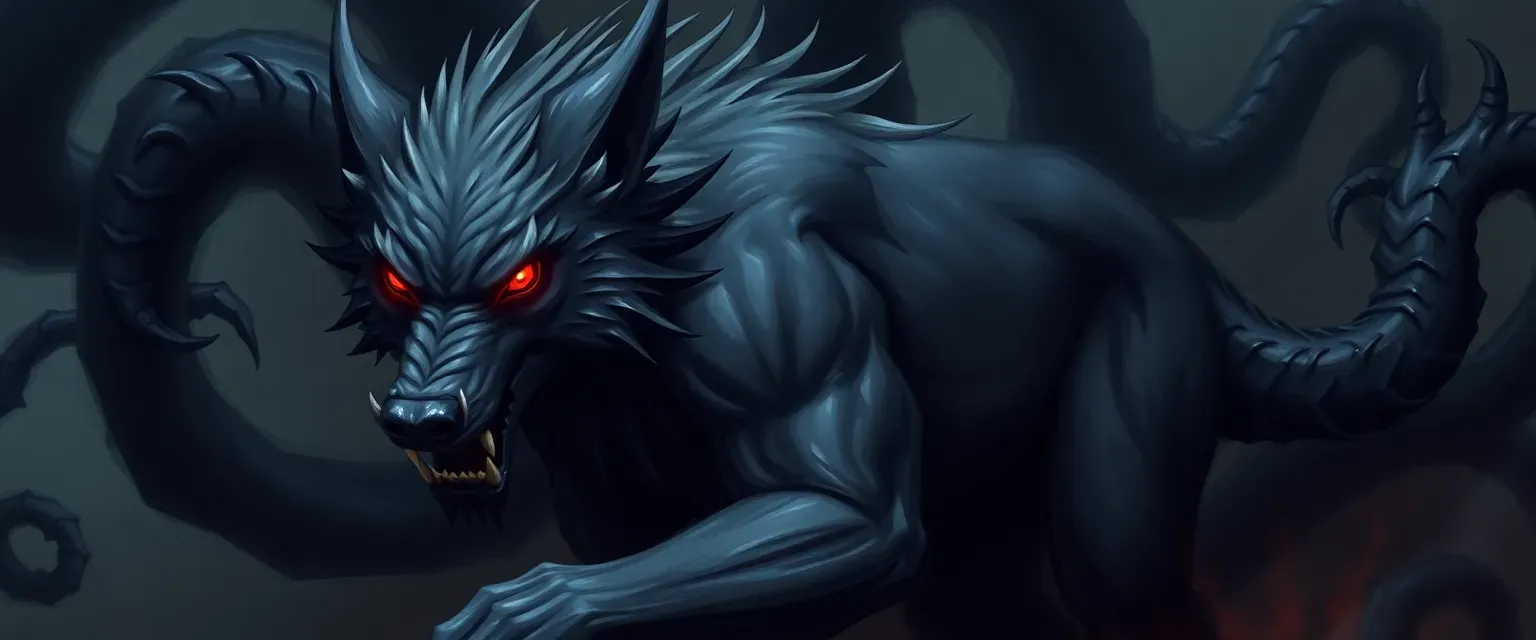 Dark grey wolf with glowing red eyes, muscular build, surrounded by shadowy tentacles.