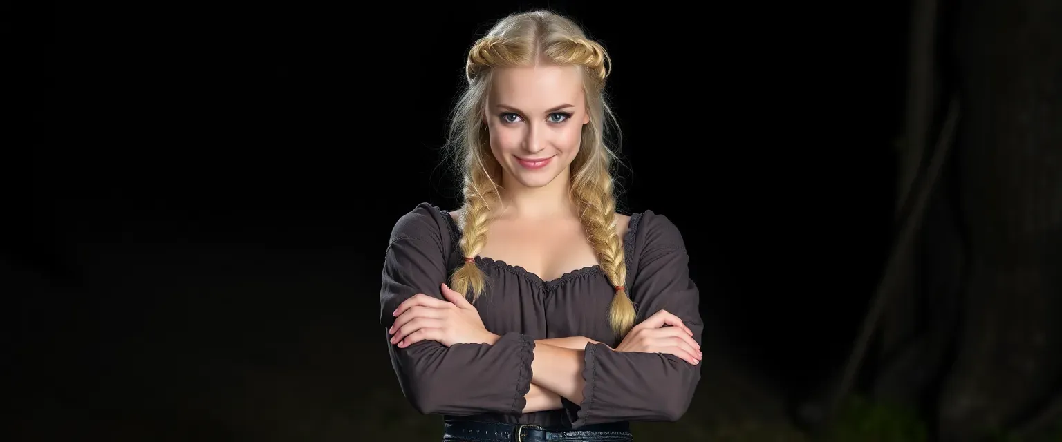 Blonde medieval woman in a dress, intense gaze, crossed arms, playful smile, standing in night shade, hair in a large braid.