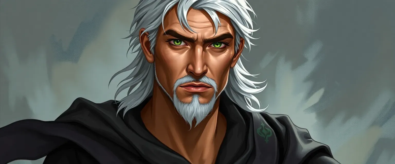 Tall man in his 30s with silver hair and green eyes, wearing a shifting color robe with life and death symbols.
