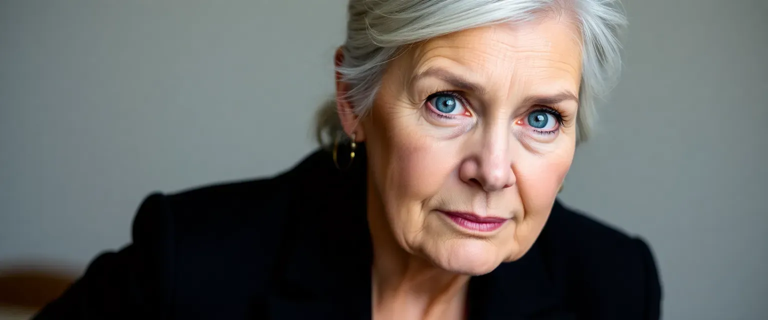 Elderly woman with silver hair in a bun, sharp blue eyes, wearing a dark tailored suit.