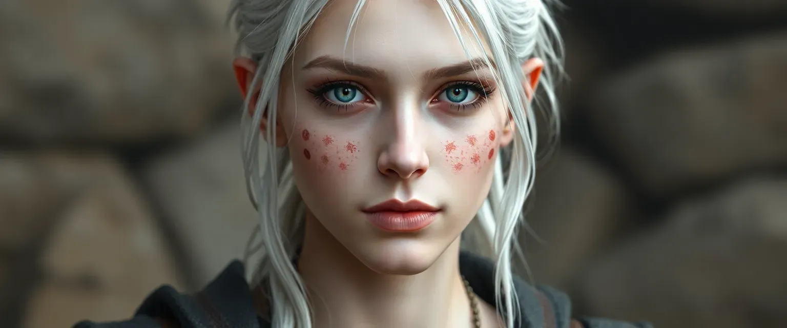 21-year-old with white skin, pale markings, white silver hair with red roots and dots.