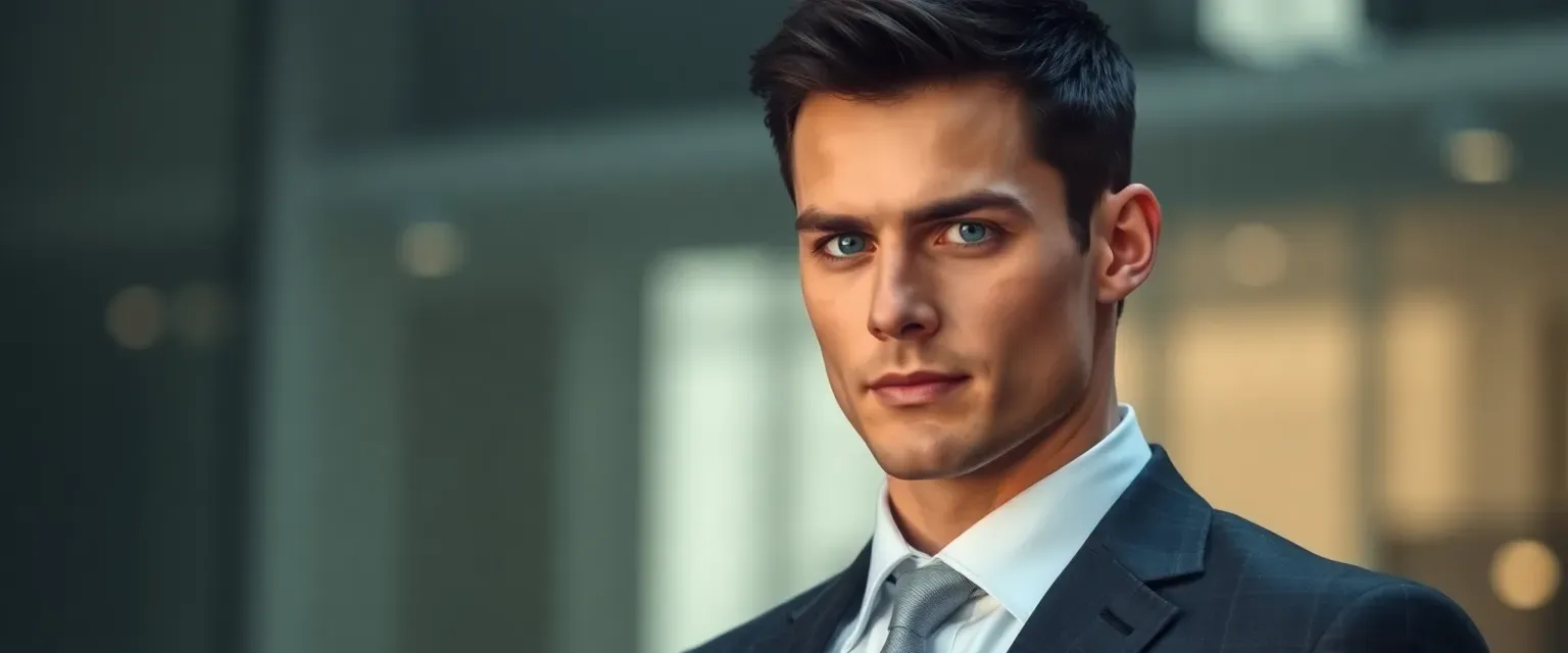 Tall man in his early 30s with short black hair and piercing blue eyes, lean muscular build, wearing a streamlined suit.