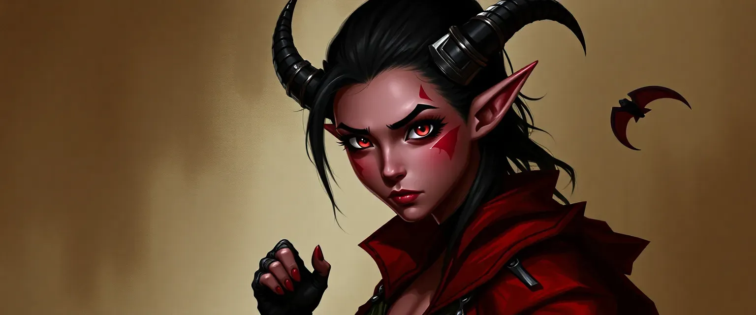 Young tiefling woman with crimson eyes, horns, and a tail, dressed in rogue's attire.