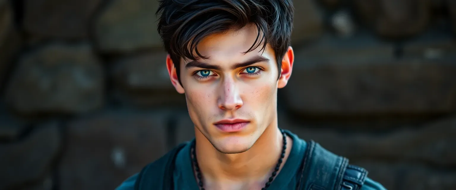 Athletic young man with dark hair, blue eyes, casual rugged attire, muscular build.