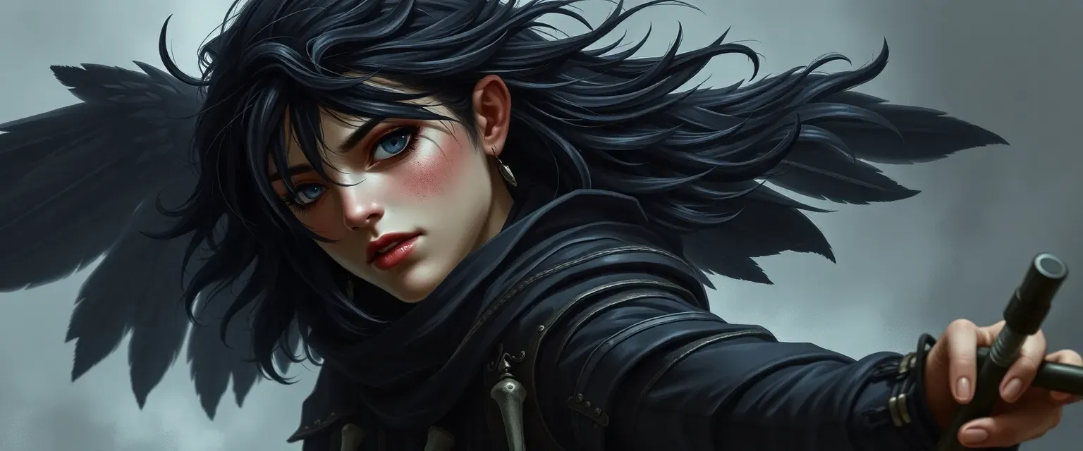 A fallen aasimar ranger with dark hair and pale skin, wearing shadowy leathers adorned with feathers and bones.