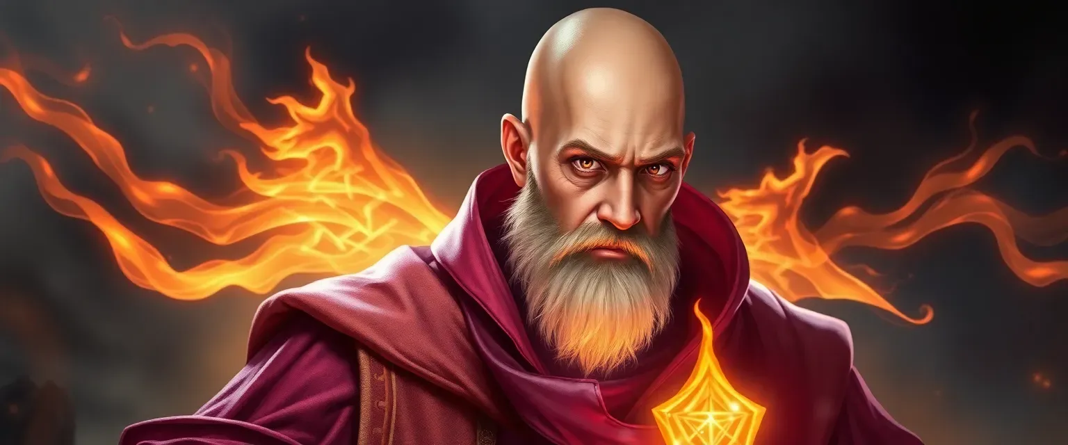 Bald celestial warlock, late 30s, brown eyes, wearing glowing robes, with a soft hum in his voice.