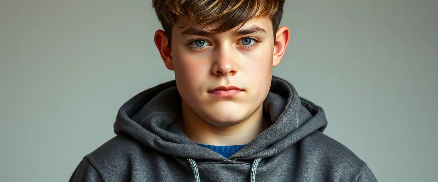 A 15-year-old boy with thick thighs, big boobs, and strong muscles, wearing a hoodie. He has a caring and serious personality.