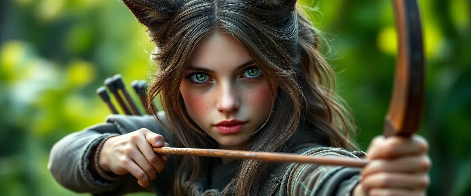 19-year-old werewolf girl with long brown hair, kind eyes, wearing rustic farming clothes, skilled with a bow.