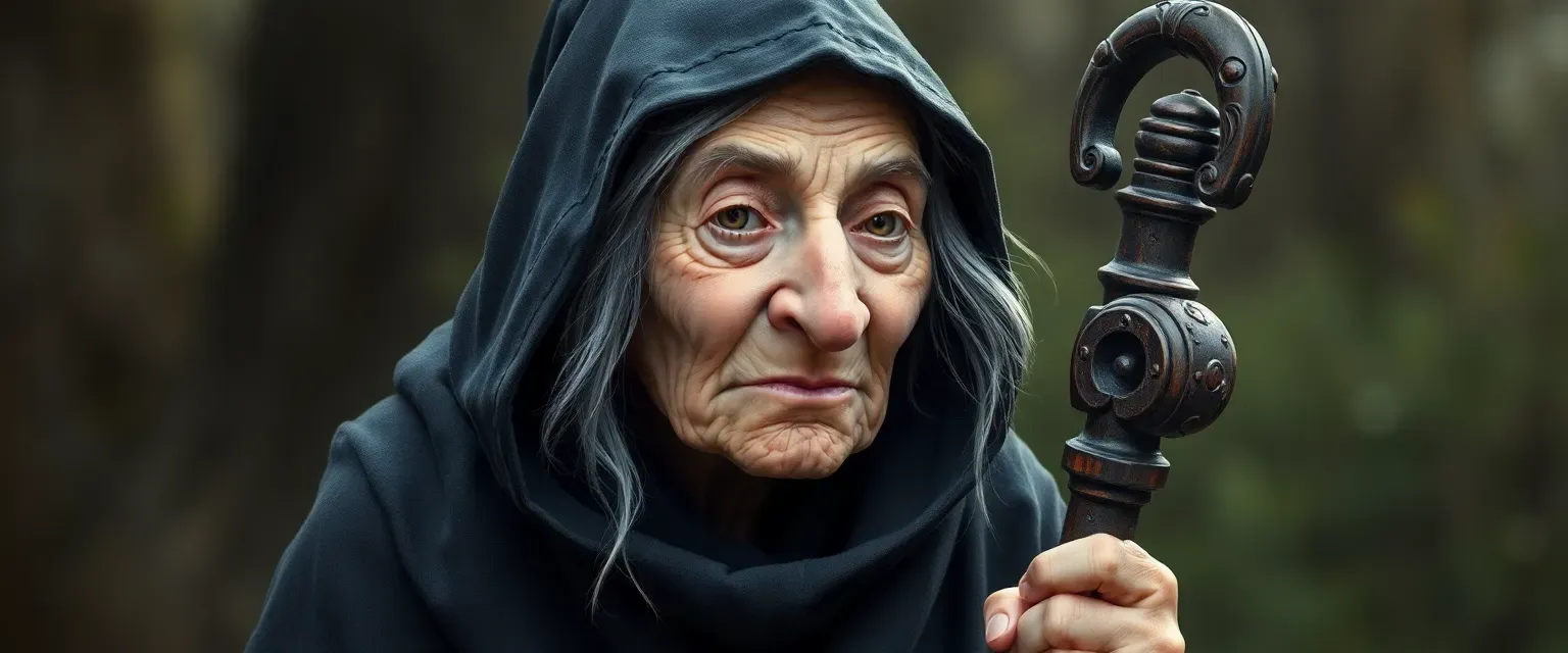Elderly Slavic witch, hooded cloak, walking cane, sweet face with a long nose.