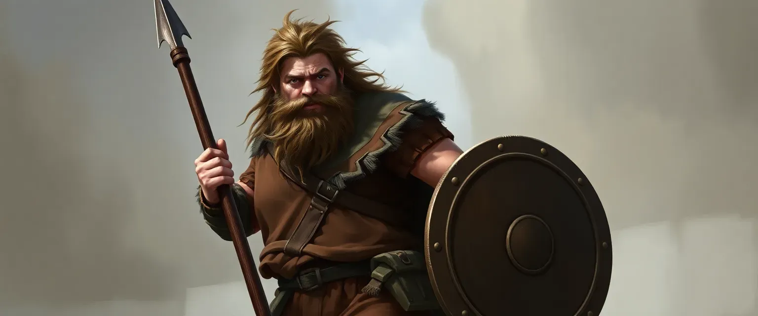 A mature Slavic man with a robust frame, wearing earthy-toned tunic and trousers, equipped with a long spear and small shield, sporting a wild mane and thick beard.