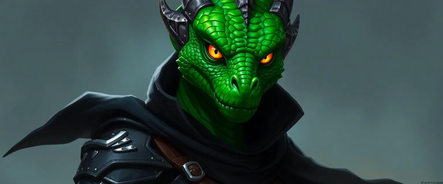 Emerald dragonborn rogue, 32, with vibrant green scales, piercing yellow eyes, clad in dark leather armor and a black cloak.